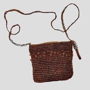 Vintage Copper Woven Mesh Beaded Carnelian Mini Shoulder Bag 4.5”x4.5” Lois Hill